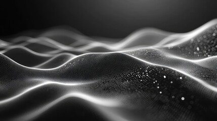 Abstract digital landscape showing flowing particles creating a wave like structure, representing data visualization, technology concepts, and network connections in a futuristic dark environment