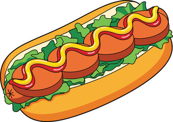 Hot dog sandwich with sausages, mustard and lettuce, colorful cartoon fast food illustration isolated on white background