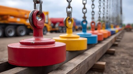 Fototapeta premium Row of colorful industrial lifting magnets suspended by chains on wooden beams at an outdoor construction site