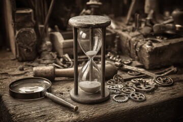 Antique Hourglass Timer With Magnifying Glass And Clockwork Gears On A Dusty Workbench