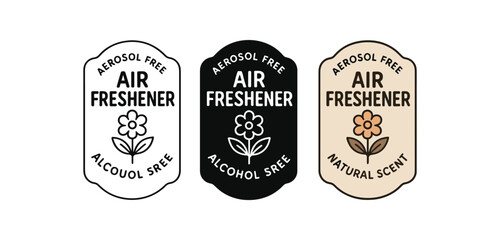 Obraz premium Flat vector illustration air labels with text aerosol free alcohol free natural scent