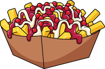 Loaded french fries with cheese sauce and ketchup, delicious cartoon fast food illustration isolated on white background