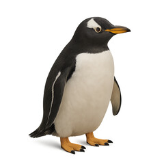 Realistic gentoo penguin standing isolated on Transparent background with detailed feathers natural posture, ideal for wildlife, education, nature, and animal concepts, penguin full body, PNG