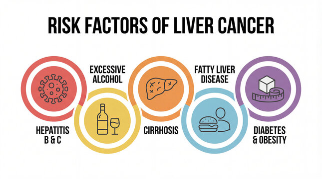 Liver cancer risk factors medical infographic showing hepatitis excessive alcohol fatty liver disease cirrhosis diabetes obesity as major health causes and preventable disease