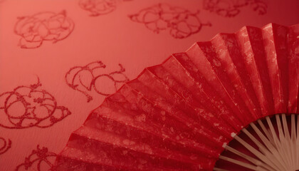 Elegant Red Folding Fan Against a Textured Red Fabric with Floral Pattern, Asian Tradition, Chinese  new year , Chinese and Korean celebrate function