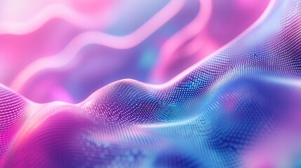 Curved grid surface representing data flow and technological networks with glowing particles in violet, blue, and pink creating a futuristic and dynamic background for various digital concepts