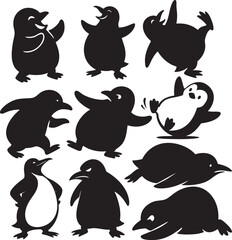 Funny Penguin Silhouettes in Cartoon Poses Set