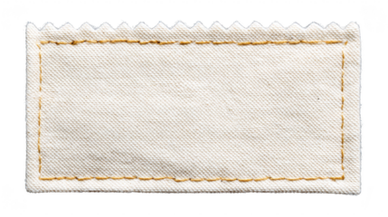 Blank fabric label, rectangular cream cotton patch with zigzag top edge, isolated on transparency background, suitable for sewing, crafting, or garment branding, simple and neutral design
