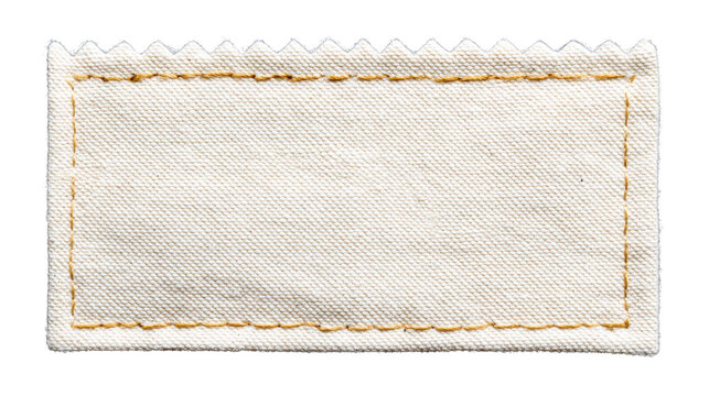 Blank fabric label, rectangular cream cotton patch with zigzag top edge, isolated on transparency background, suitable for sewing, crafting, or garment branding, simple and neutral design