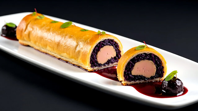 Haute cuisine. French feuillantine de chou rouge et foie gras, a delicate pastry cigar filled with caramelized red cabbage and a core of duck foie gras, with a port wine reduction
