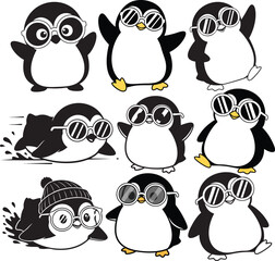 Cute Cartoon Penguin Characters Wearing Sunglasses Set