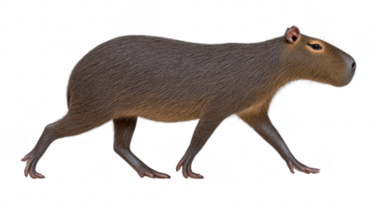 Capybara rodent animal brown fur walking side view isolated large mammal South America nature calm expression wildlife terrestrial herbivore wetland semi aquatic peaceful wild mammal outdoor