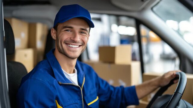23Professional courier man with bright uniform and cap smiling warmly inside his van, hands on the wheel, surrounded by well-organized packages ready for delivery