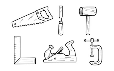 Obraz premium Collection of hand-drawn woodworking tools including a saw, chisel, and plane