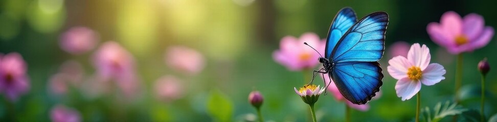 Delicate blue butterfly wings against backdrop of blooming anemones in a lush forest setting ,  nature,  delicate