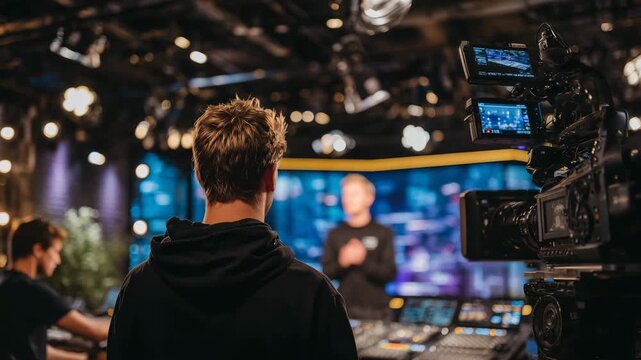 28Bright studio filled with cinematic lights as a young director gives instructions while crew members operate sliders, audio gear, and camera cranes with passionate focus
