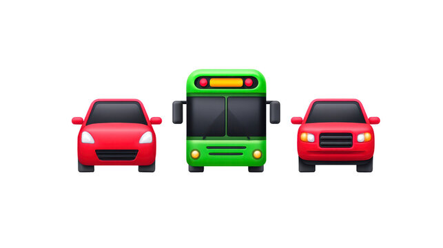 Red car, green bus, and another red car emoji illustration, isolated on transparency background, representing transportation, travel, and urban commuting in playful and colorful style