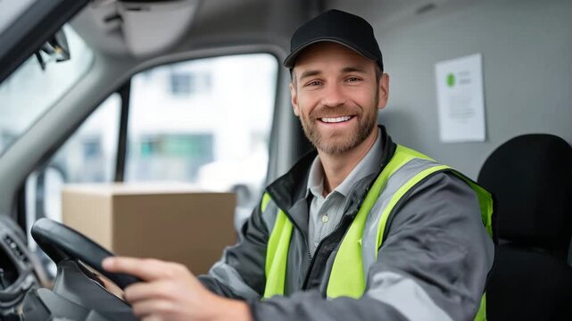 30Delivery van interior with a smiling professional driver in focus, hands on the wheel, ready for a day of successful parcel deliveries