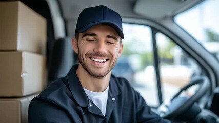 35Friendly courier man wearing uniform and cap sitting in the van cabin, dashboard and side mirror in view, packages stacked behind
