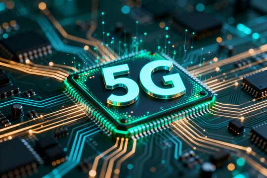 5G Chipset on Circuit Board with Digital Connections - Powered by Adobe