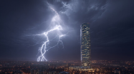 A skyscraper daringly touched by a lightning strike in a dark stormy night