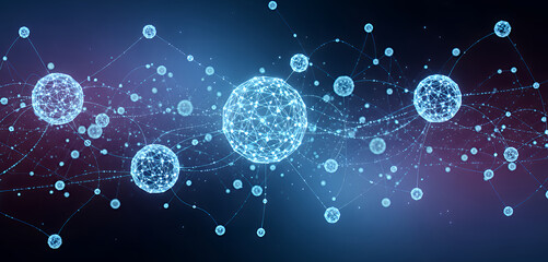 Conceptual image of a decentralized digital network with bright geometric nodes and light trails, expressing innovation, connectivity, and the evolution of information technology.