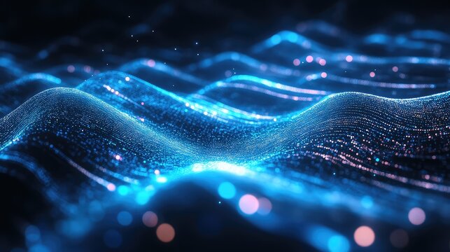 Abstract background showing flowing wave patterns with glowing particles, visualizing data, information technology, and global network connections in a futuristic dark blue environment - Powered by Adobe