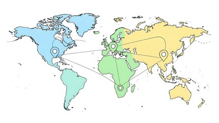 Fototapeta premium Global Connections Map with Marked Locations and Dotted Lines