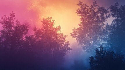 Naklejka premium Forest canopy creating atmospheric silhouette against a gradient sky with soft light and mist, offering a magical and tranquil nature background experience
