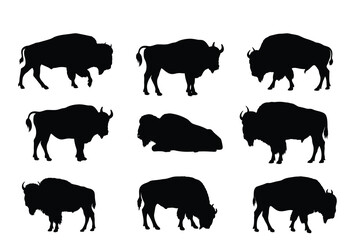Set of American Bison and Buffalo Silhouettes