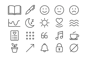 Simple line art icons: objects, emotions, nature, symbols