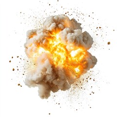 Large explosion is depicted in image, with cloud of smoke and debris surrounding blast. scene is intense and chaotic, with explosion leaving trail of destruction in its wake