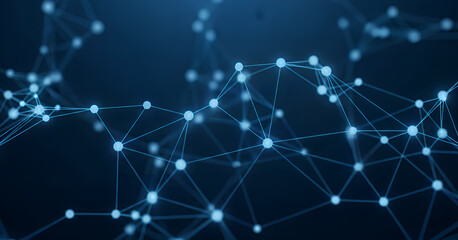 Glowing network structure composed of linked dots and lines, conveying ideas of connectivity, data exchange, and innovative digital systems in an abstract tech setting.