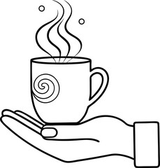 Line art vector of a hand holding a simple ceramic mug, steam rising in minimalist spirals, white background.