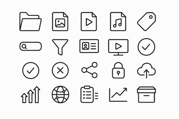 Set of minimalist icons for file management and multimedia applications