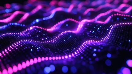 Abstract digital waves forming a vibrant data network, visualizing complex technology structures, ai, and information flowing in a futuristic glowing cyberspace