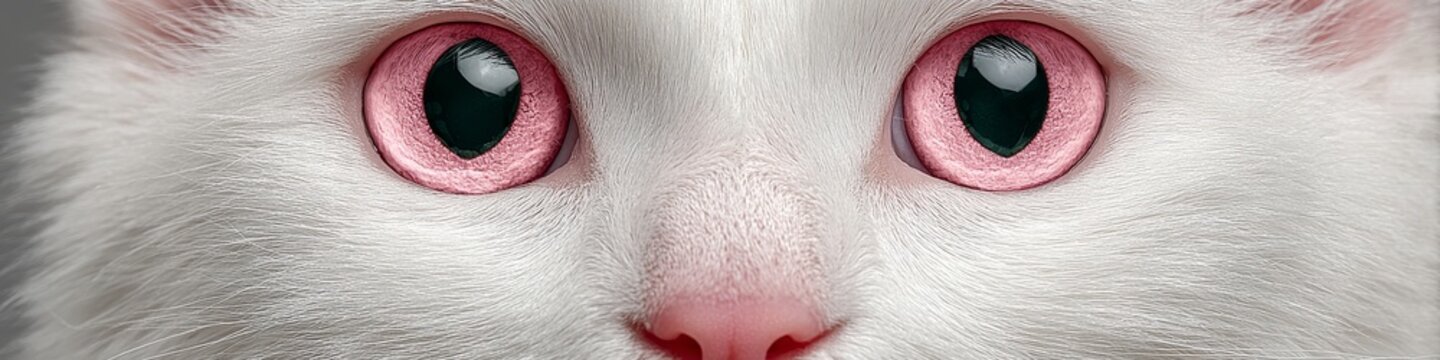 Elegant White Turkish Angora Cat with Striking Pink Eyes Posing Against a Soft Neutral Background