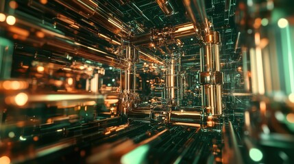 Abstract network structure featuring glowing metallic pipes within a complex system, illustrating concepts of digital connections, data flow, and modern technology infrastructure