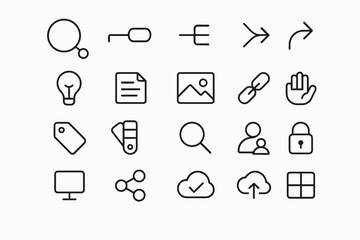 Minimalist black and white icon set featuring technology and communication symbols