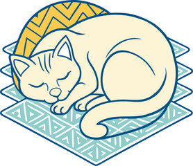 Single-color line art of a simple cat or dog sleeping curled up on a geometric rug, white background.