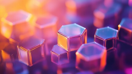 Transparent hexagonal blocks are reflecting light in vibrant warm and cool tones, forming a geometric abstract pattern symbolizing digital connectivity, data engineering, and future technology