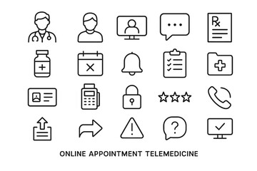 Online appointment telemedicine icons: doctor, chat, prescription, calendar, security