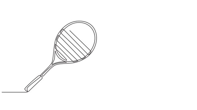 One continuous single line of badminton for sport theme isolated on white background, Single line drawing of tennis racket and tennis ball. Tennis and padel sport logo video animation, Continuous line