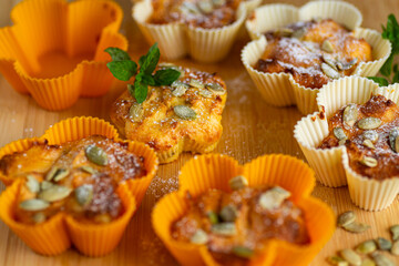 Delicious baked cottage cheese cupcakes with crunchy pumpkin seeds