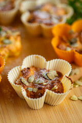 Rustic homemade muffins made from cottage cheese and seeds