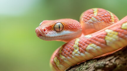 Obraz premium Close up of a bright pink snake with yellow markings coiled on a branch, its eye is open and focused on something nearby.