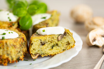 Delicious vegetarian potato muffins with mushrooms and greens