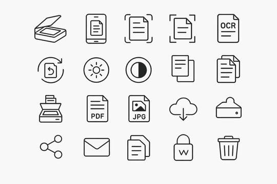 Document icon set: scan, edit, convert, share, pdf, jpg, ocr, cloud, security