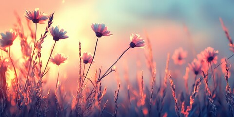 Delicate white flowers with pink hues sway gently in a warm, soft morning light across a field of tall grass.
