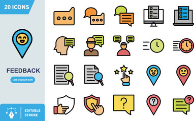 Twenty colorful and modern flat design icons representing customer feedback surveys reviews and communication concepts on white background